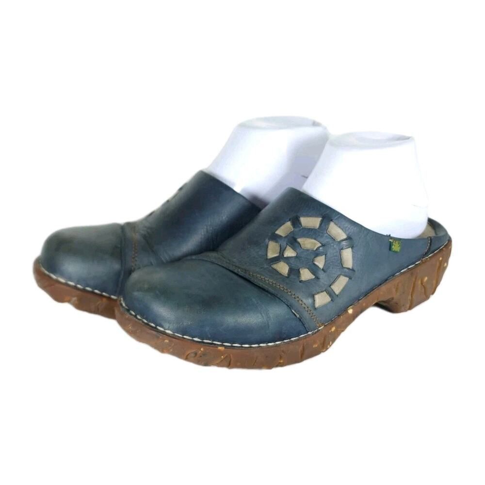 El Naturalista Women's Yggdrasil EU40 US9-9,5 Blue Leather Wedge Clogs Shoes
